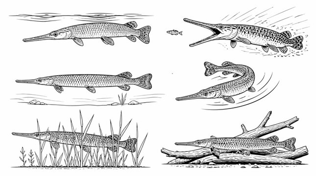 Alligator Gar fish collection, vintage style illustrations for nature