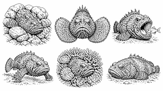 Toadfish Set in Hand Drawn Sketch Style