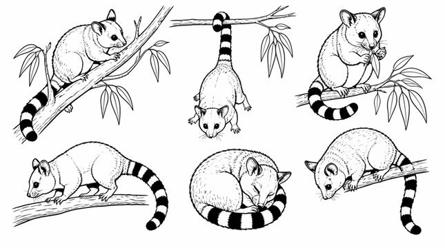 Ringtail Possum Set, Hand-Drawn Wildlife Illustrations