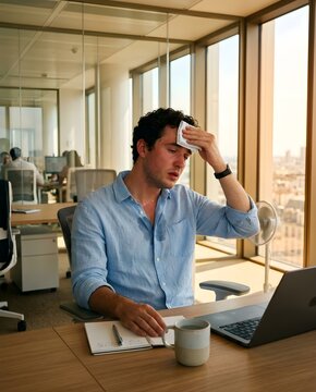 Employ&eacute; essuyant la transpiration de son front dans un bureau moderne pendant une canicule estivale