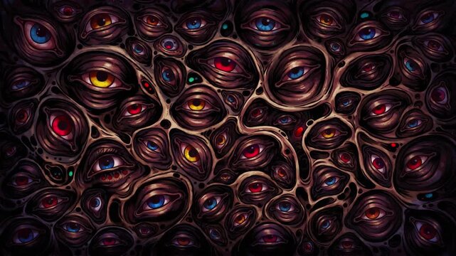 Abstract Dark Intricate Pattern of Glowing Eyes Forming a Mesmerizing Organic Texture Background