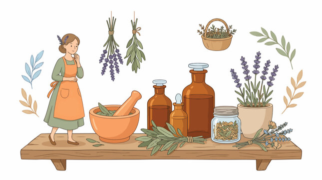 Herbalist with Mortar and Pestle and Glass Bottles.