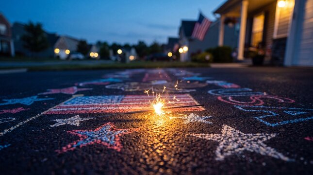 Sparkler burning on an asphalt driveway decorated with colorful chalk American flag and stars during a patriotic Fourth of July celebration at dusk