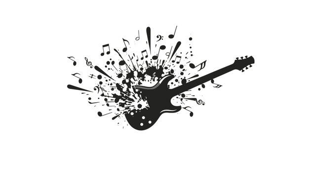 Dynamic silhouette of an electric guitar exploding with musical notes and paint splatters on a white background.