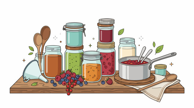Colorful jars of preserves and cooking utensils on wooden table.