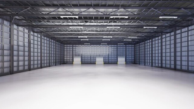 3d rendering empty factory interior fully enclosed with rolling shutter door 4k footage