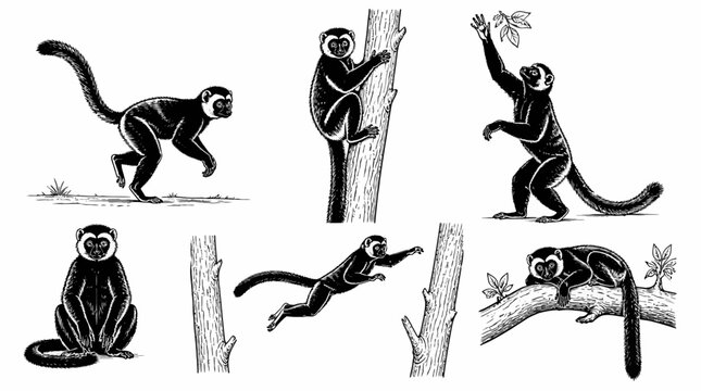 Lemur collection in vintage woodcut style, wild animal illustration