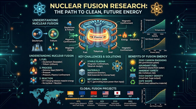Diagram shows nuclear fusion research with focus on understanding nuclear fusion, key challenges and solutions, and benefits of fusion energy
