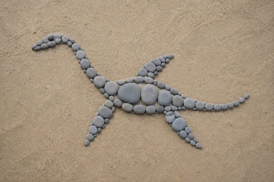 Outline of a plesiosaur made from grey river stones on a sandy beach.