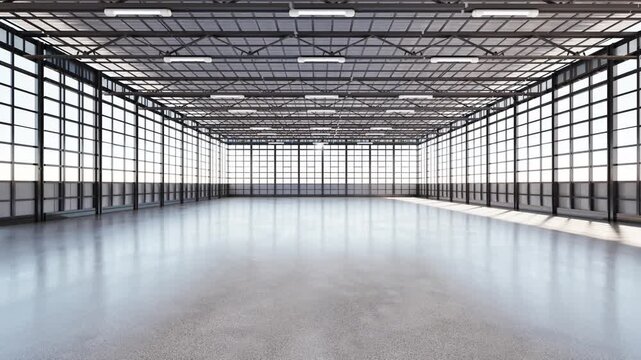 3d rendering empty factory interior filled with natural light 4k footage