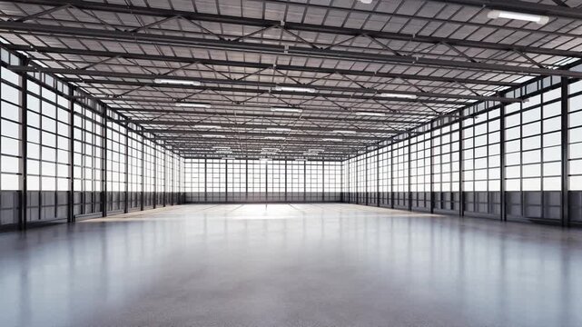 3d rendering empty factory interior filled with natural light 4k footage