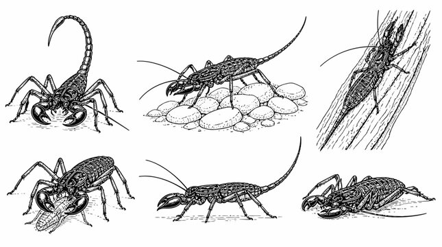 Set of detailed ink illustrations of scorpions and vinegaroons