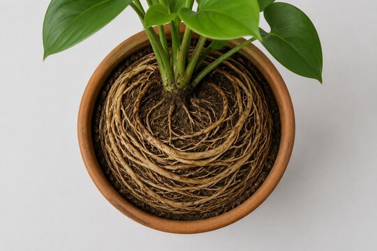 A root-bound plant in a terracotta pot, roots circling inside, top-down view.
