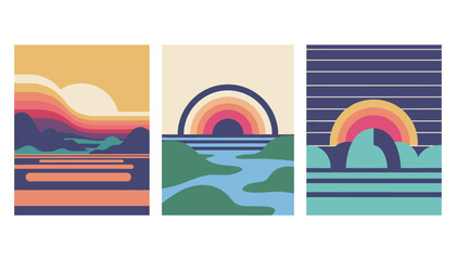 Fototapeta premium Set of three vertical retro sunset landscapes with mountains, rivers, and sun rays vector poster designs.