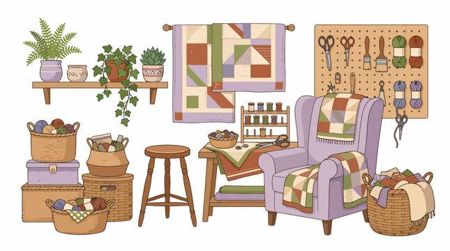 Cozy Quilting Room with Handmade Decor and Supplies.