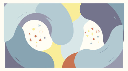 Abstract organic fluid shapes background with pastel colors and geometric confetti elements. © Warni