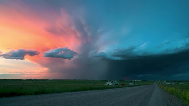 Dramatic supercell thunderstorm with stunning lightning over prairie landscape.