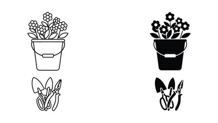 Premium Black and white gardening bucket with flowers and tools vector Vector Icon Isolated on White Background © svgcom11