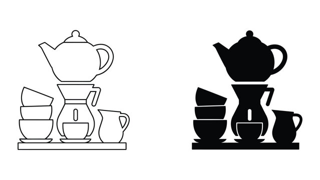 Premium Black and white teapot with cups and saucers vector design Vector Icon Isolated on White Background