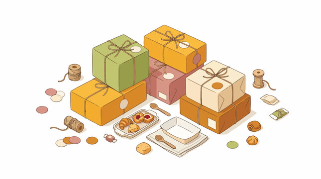 Colorful gift boxes with ribbons and wrapping supplies.