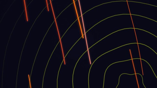Abstract digital topography mapping with glowing orange data flow lines on a dark technological background