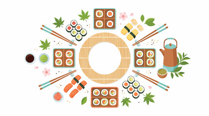 Colorful sushi platter with chopsticks and garnishes. © Rohimah