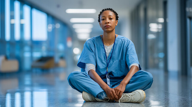 exhausted nurse sitting on hospital hallway floor representing healthcare burnout medical stress emotional exhaustion and frontline worker fatigue