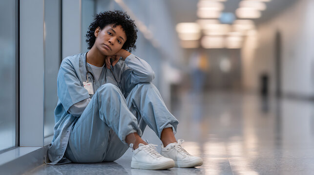 exhausted nurse sitting on hospital hallway floor representing healthcare burnout medical stress emotional exhaustion and frontline worker fatigue