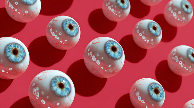 multiple floating eyeballs on pink background representing halloween horror surreal concept and spooky creepy pattern design illustration image