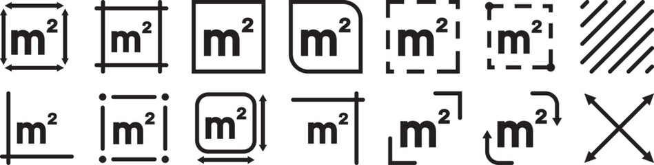 Square meter icon m2 in a clean outline style, representing area measurement and land dimension. Flat square meter M2 measuring symbol in a clean linear style, representing surface area and space meas © TASLIMA