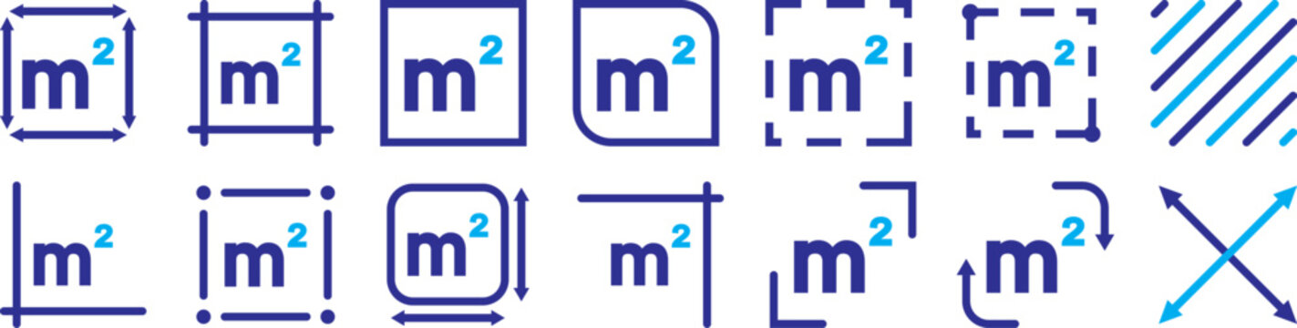 Square meter icon m2 in a clean outline style, representing area measurement and land dimension. Flat square meter M2 measuring symbol in a clean linear style, representing surface area and space meas