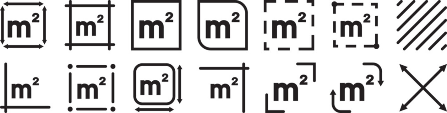 Square meter icon m2 in a clean outline style, representing area measurement and land dimension. Flat square meter M2 measuring symbol in a clean linear style, representing surface area and space meas