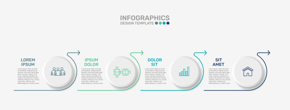 Modern business infographic template featuring four circular steps with line icons and text. Vector illustration.