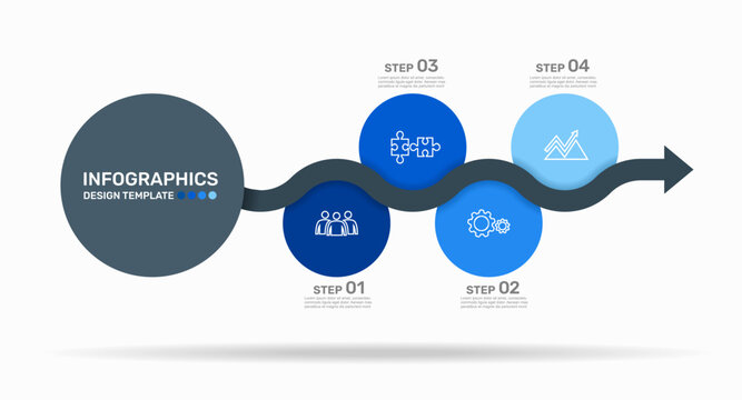 Modern business infographic template featuring colorful circular steps along a wavy arrow. Vector illustration.