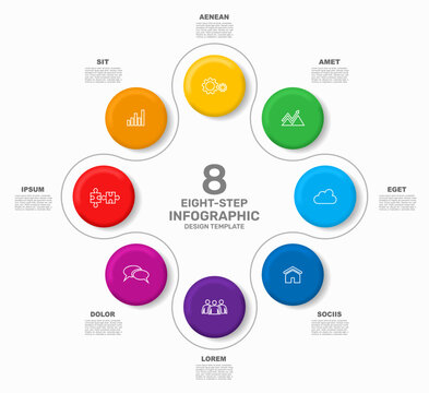 Modern circular business infographic template with colorful numbered steps, icons, and text. Vector illustration.