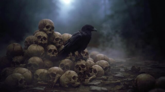 Dark Crow Perched on a Pile of Skulls in a Foggy, Eerie Forest Setting for Horror Concept