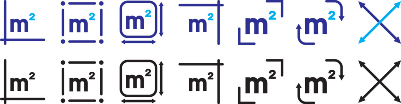 Square meter icon m2 in a clean outline style, representing area measurement and land dimension. Flat square meter M2 measuring symbol in a clean linear style, representing surface area and space meas