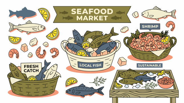 Colorful Seafood Market Illustration with Fresh Fish and Shellfish.