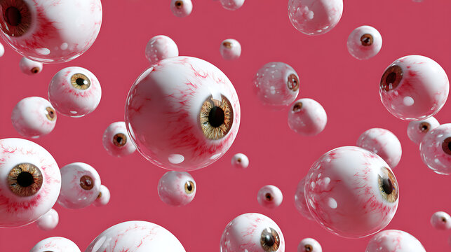 multiple floating eyeballs on pink background representing halloween horror surreal concept and spooky creepy pattern design illustration image