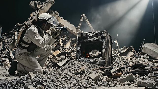 War correspondent in protective gear documenting destruction in a bombed building. Journalist kneeling in rubble taking photos in a war zone. Conflict journalism concept for news and reporting.