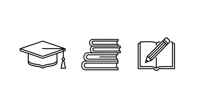 Graduation cap books and open book with pencil line icons on white background
