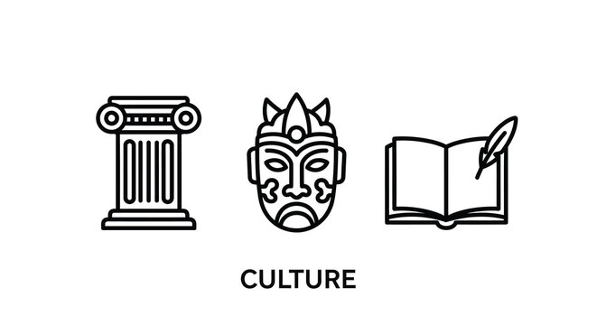 Culture Icon Set Column Mask And Open Book With Quill