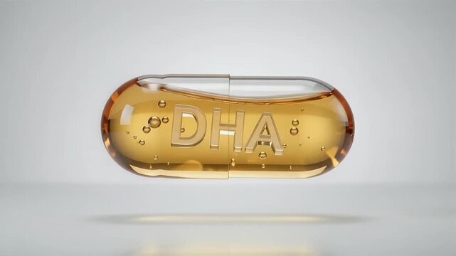 Floating golden amber omega 3 DHA liquid pill and children brain nutrition