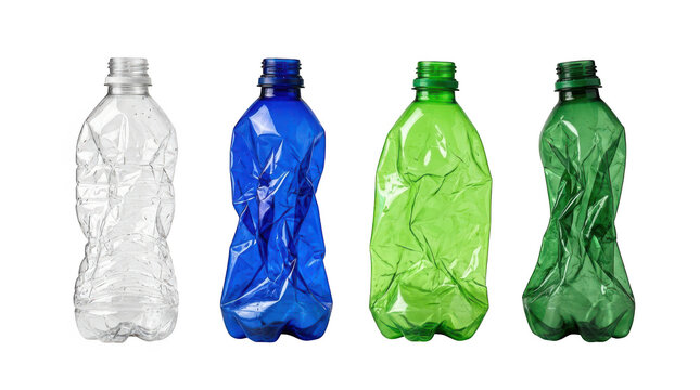 Four colorful crushed plastic bottles isolated on transparent background