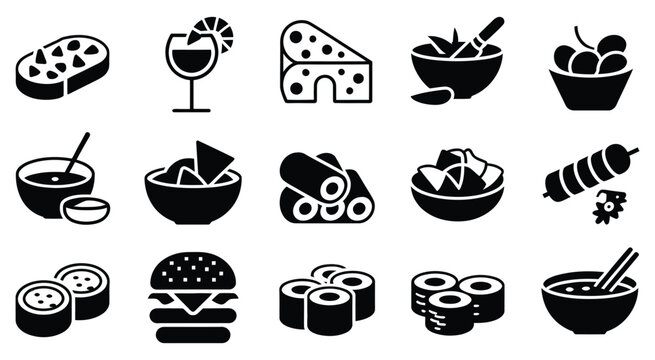 appetizer icon set finger food starters tapas snack silhouette collection, modern restaurant menu design elements featuring minimalist food symbols, isolated vector graphics for culinary branding, caf