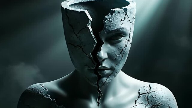 Cracked stone bust of a woman with an empty head in a dark environment. Dramatic lighting highlights the fractures and smoke surrounding the sculpture. Symbolizes mental health and burnout, ideal for.