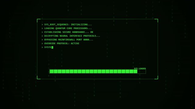 High end retro terminal interface loading screen with green digital text and system override status bar on black background