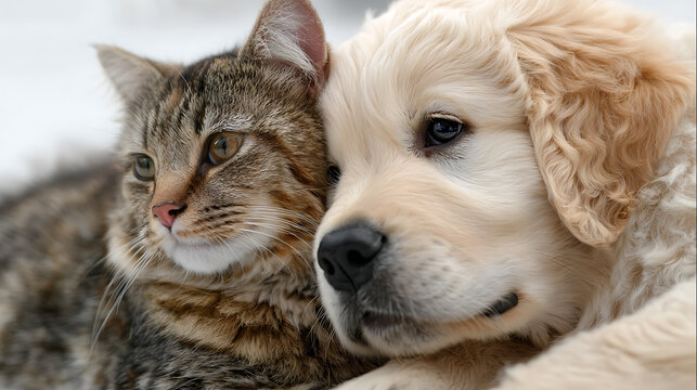tabby cat and black dog sitting together looking upward showing pet friendship animal bond companionship and adorable domestic animals portrait