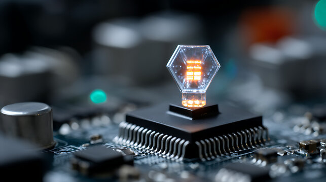 glowing blue microchip on circuit board representing artificial intelligence technology innovation and futuristic computer processor engineering concept