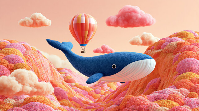 Fantasy whale flying with hot air balloon over surreal pink orange fluffy mountain landscape dreamlike 3D illustration concept